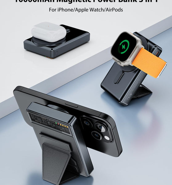 KPON Magnetic Portable Charger, 10000mAh for Magsafe Battery Pack with Foldable Stand, Fast Charging Wireless Power Bank with iWatch Charger for iPhone 16 Pro Max/15/14/13,Apple Watch