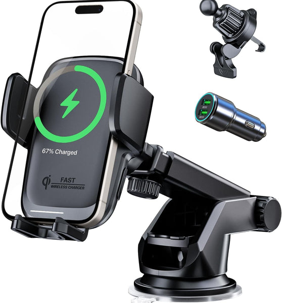KPON Wireless Charger for Car, Car Phone Holder Charger Mount Qi Certified Auto Clamping 15W Fast Charging for Dashboard Air Vent Windshield Mount for Samsung Galaxy/iPhone 16 15 14 13 12 /Google/LG