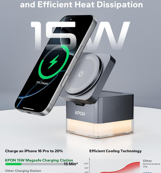 KPON for iPhone Nightstand Charging Station,15W 3 in 1 Wireless Charger Stand with Night Lamp,Travel Foldable Cube Magsafe Dock for iPhone 16 15 14 13 12 Series/Apple Watch/Airpods/Samsung Phone