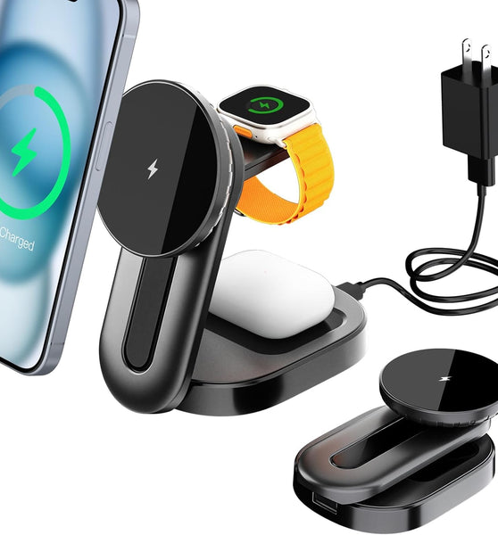 KPON 3 in 1 Wireless Charging Station for Apple Mag-Safe, Magnetic Wireless Charger Stand Foldable for Multiple Devices,Travel Charging Dock for iPhone 16/15/14/13/Pro/ProMax/Plus/Mini/iWatch/AirPods