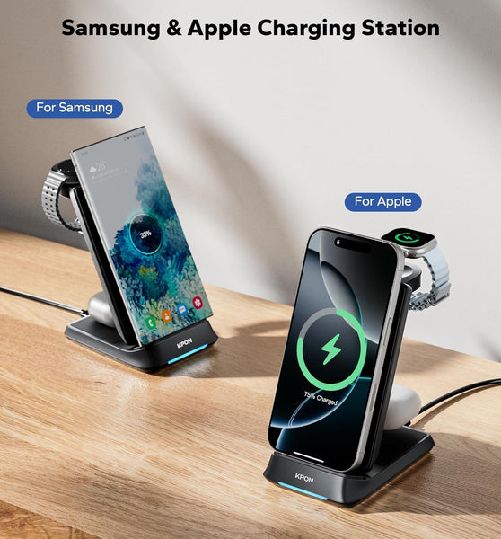 Kpon Wireless Charger Station Stand Foldable for Thick Cases of 10MM/Otterbox/Popsocket, 3 in 1 Wireless Charging Station for Samsung/iPhone/Apple Watch/Galaxy Watch Multiple Devices