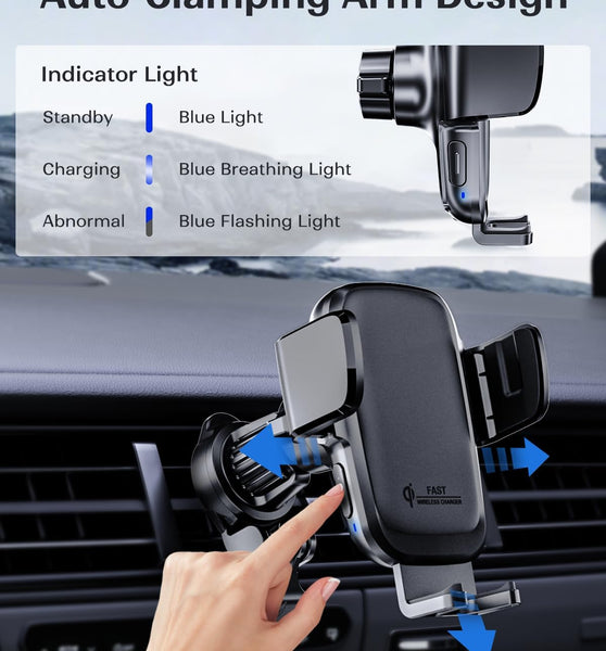 KPON Wireless Charger for Car, Car Phone Holder Charger Mount Qi Certified Auto Clamping 15W Fast Charging for Dashboard Air Vent Windshield Mount for Samsung Galaxy/iPhone 16 15 14 13 12 /Google/LG