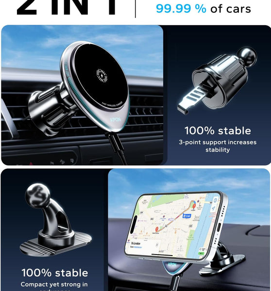 KPON Magsafe Car Phone Holder Charger - 15W Fast Wireless Charging Mount for iPhone 16/15/14/13/12 & Samsung Galaxy S23 - Air Vent/Dashboard Car Mount with Magnetic Charging for Android Devices