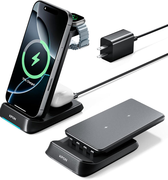 Kpon Wireless Charger Station Stand Foldable for Thick Cases of 10MM/Otterbox/Popsocket, 3 in 1 Wireless Charging Station for Samsung/iPhone/Apple Watch/Galaxy Watch Multiple Devices