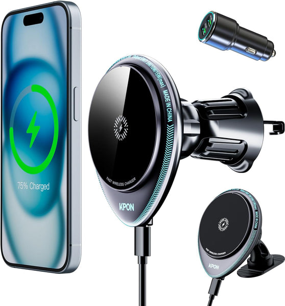 KPON Magsafe Car Phone Holder Charger - 15W Fast Wireless Charging Mount for iPhone 16/15/14/13/12 & Samsung Galaxy S23 - Air Vent/Dashboard Car Mount with Magnetic Charging for Android Devices