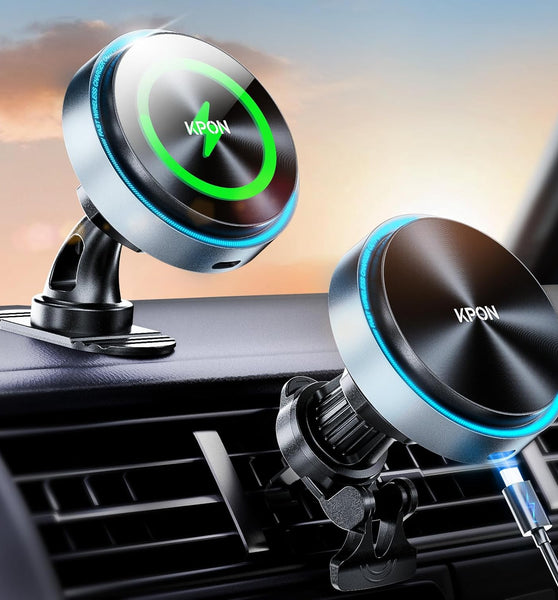 KPON for Magsafe Car Charger Mount, 15W Fast Charging LED 2in1 Magnetic Wireless Car Magsafe Charger for iPhone, Wireless Phone Charger for Car Fits iPhone 16 15 14 13 12,Samsung with MagSafe Case
