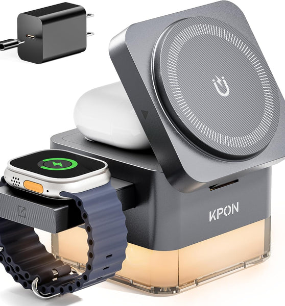 KPON for iPhone Nightstand Charging Station,15W 3 in 1 Wireless Charger Stand with Night Lamp,Travel Foldable Cube Magsafe Dock for iPhone 16 15 14 13 12 Series/Apple Watch/Airpods/Samsung Phone