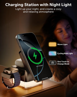 KPON for iPhone Nightstand Charging Station,15W 3 in 1 Wireless Charger Stand with Night Lamp,Travel Foldable Cube Magsafe Dock for iPhone 16 15 14 13 12 Series/Apple Watch/Airpods/Samsung Phone