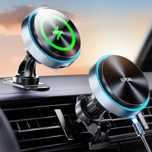 KPON for Magsafe Car Charger Mount, 15W Fast Charging LED 2in1 Magnetic Wireless Car Magsafe Charger for iPhone, Wireless Phone Charger for Car Fits iPhone 16 15 14 13 12,Samsung with MagSafe Case